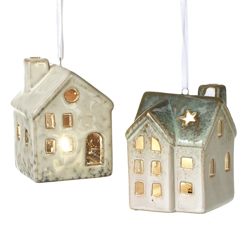 Ceramic House Christmas Hanging Decorations Light Up Houses Led