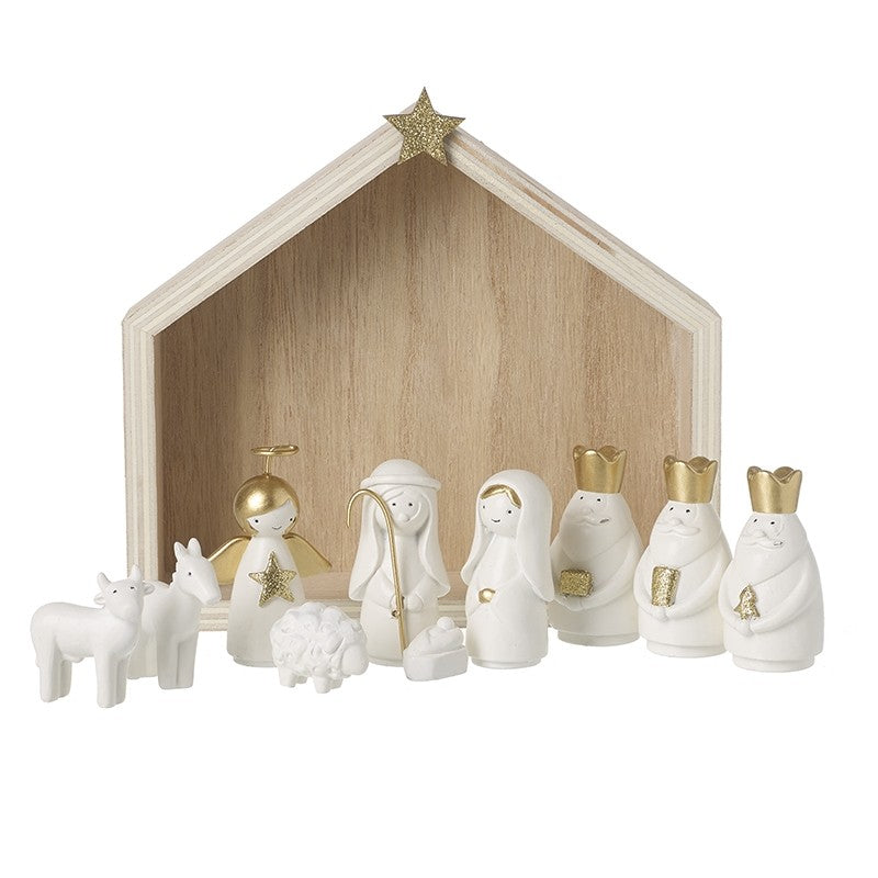 10 Piece Ceramic White & Gold Nativity Set Christmas Decoration