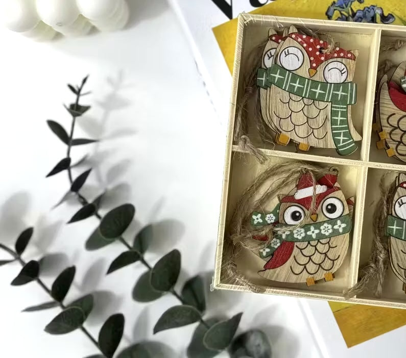 12 Boxed Wooden Owls Christmas Hanging Tree Decorations