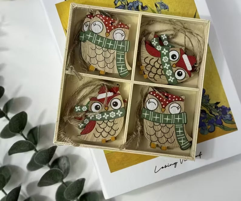 12 Boxed Wooden Owls Christmas Hanging Tree Decorations
