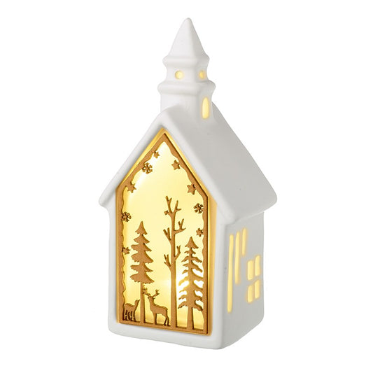 Tall Light Up Christmas Forest Winter Scene Ceramic House Ornament