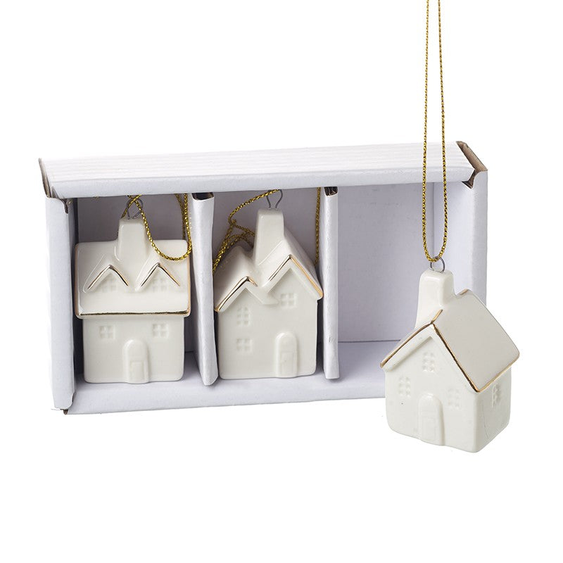 Set Of Three Hanging Porcelain Houses Christmas Decorations