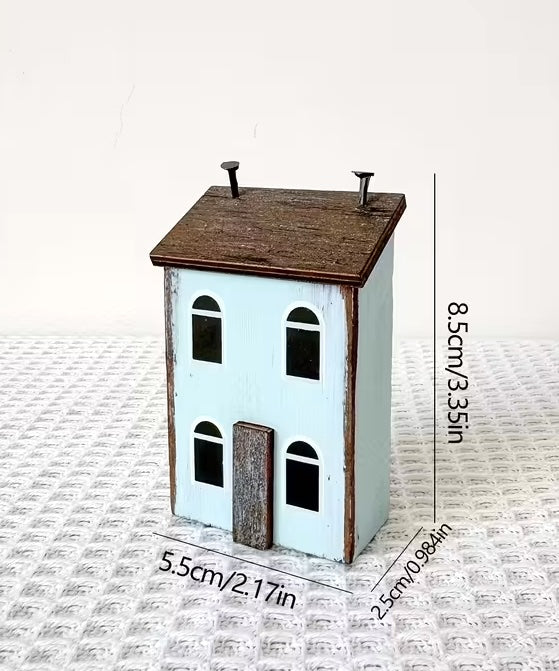 Set of 3 Wooden Folk Art Small House Ornaments– Rustic Miniature Home Décor