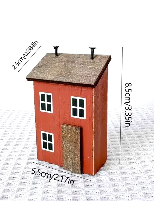 Set of 3 Wooden Folk Art Small House Ornaments– Rustic Miniature Home Décor
