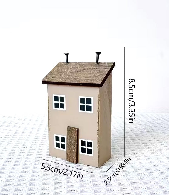 Set of 3 Wooden Folk Art Small House Ornaments– Rustic Miniature Home Décor