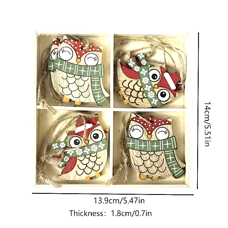 12 Boxed Wooden Owls Christmas Hanging Tree Decorations