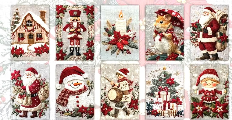 10 illustrated Christmas Postcards Animals Snowman Nutcracker Decoration