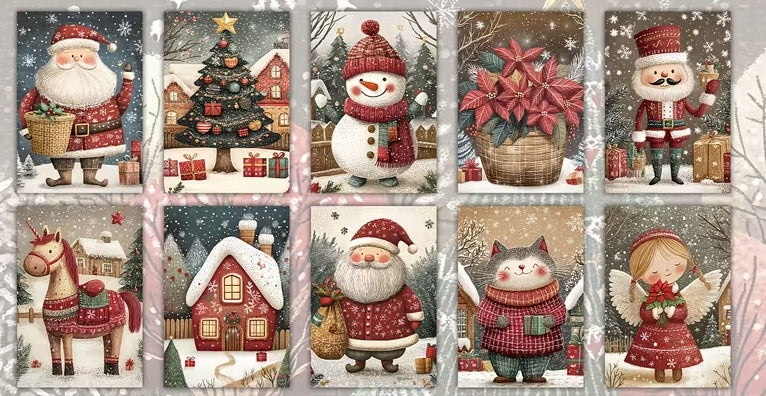 10 illustrated Christmas Postcards Animals Snowman Nutcracker Decoration