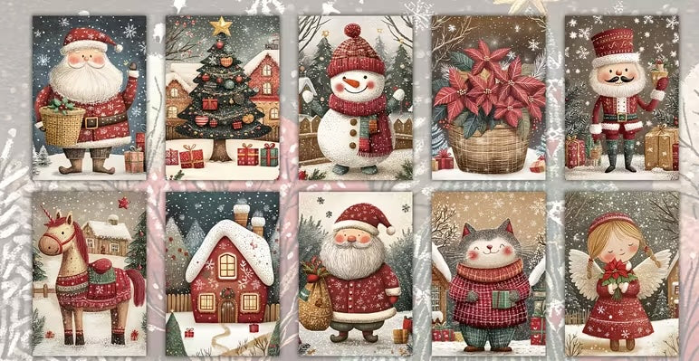 10 illustrated Christmas Postcards Animals Snowman Nutcracker Decoration
