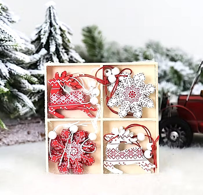 12 Boxed Wooden Reindeer Stars Christmas Hanging Tree Decorations