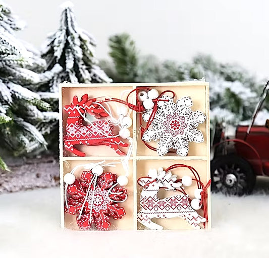 12 Boxed Wooden Reindeer Stars Christmas Hanging Tree Decorations