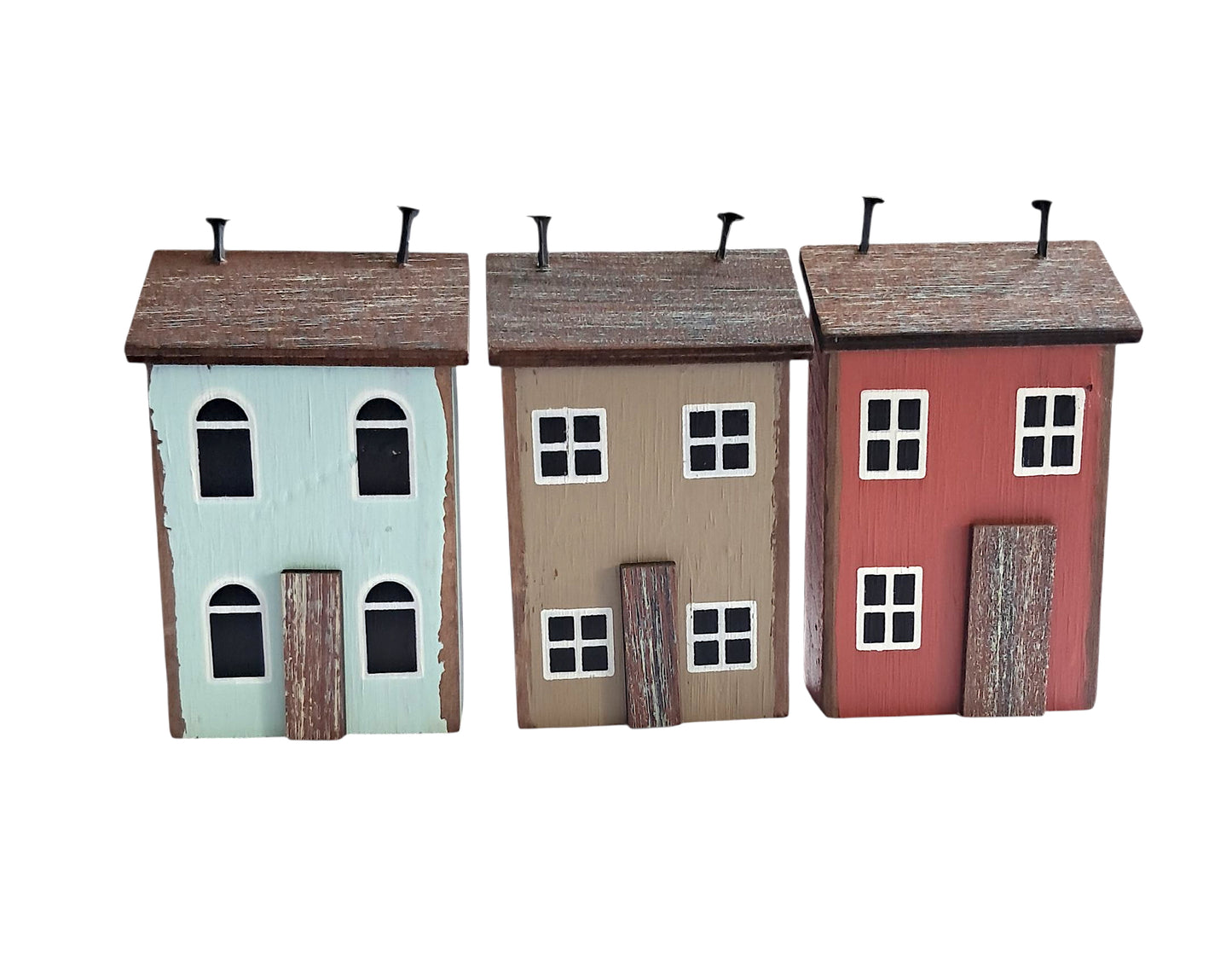 Set of 3 Wooden Folk Art Small House Ornaments– Rustic Miniature Home Décor