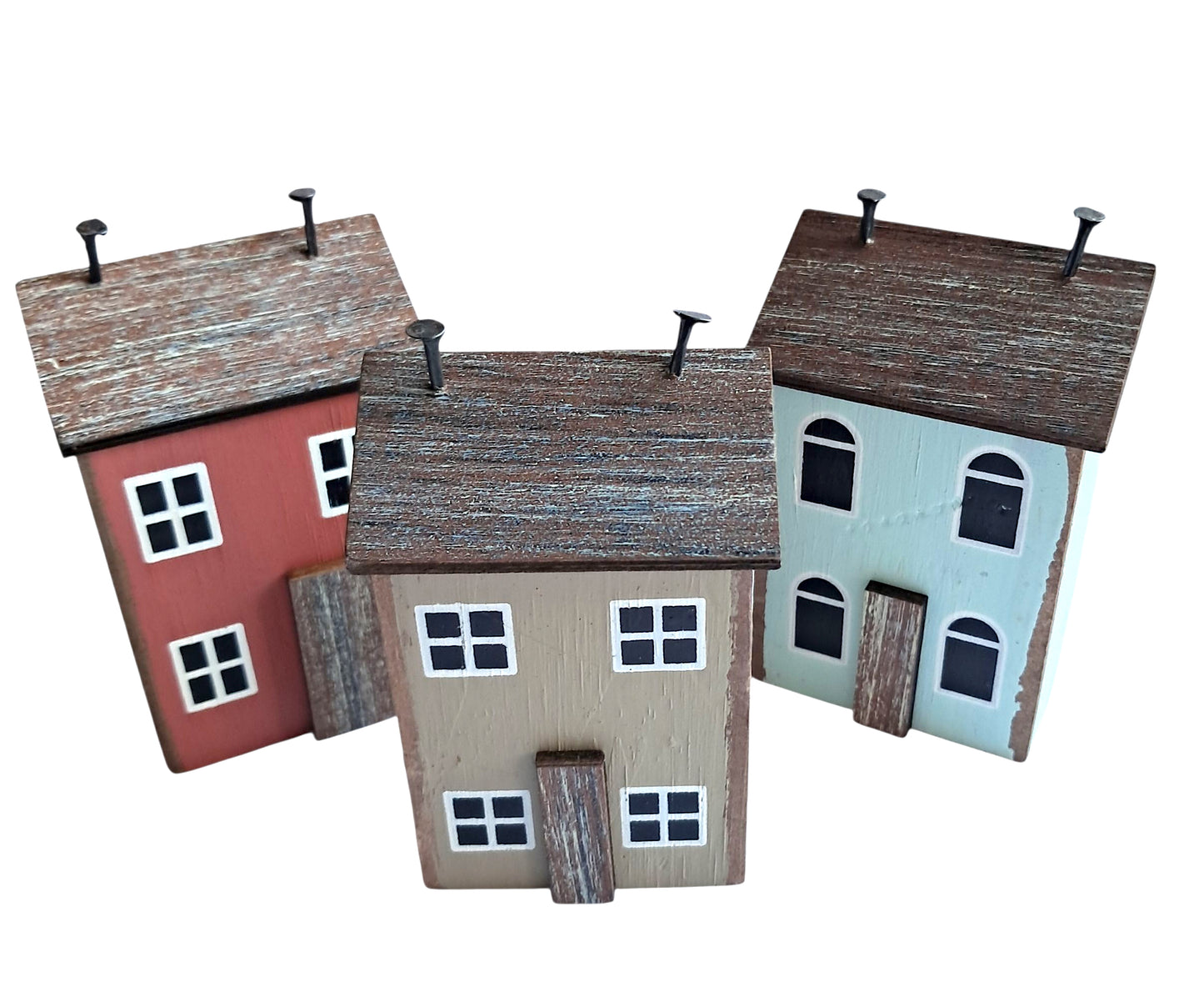 Set of 3 Wooden Folk Art Small House Ornaments– Rustic Miniature Home Décor